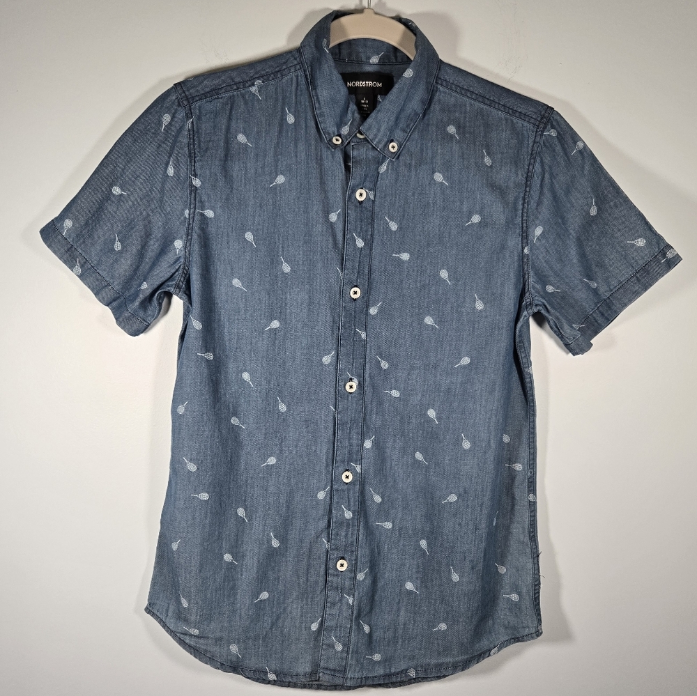 Nordstrom Boys Denim Button Up Shirt Tennis Racket Print‎ Size L 10/12